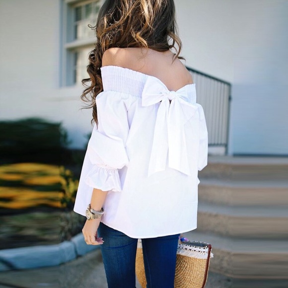 RESTOCKED!! White Off Shoulder Bow Smocked Top - Picture 3 of 7